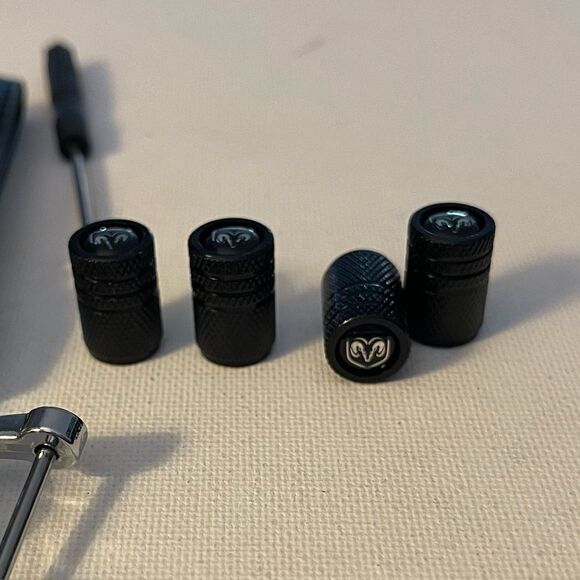Dodge Logo Key Fob Keychain in Black Leather and Valve Stem Caps in Black NWT - Picture 3 of 5